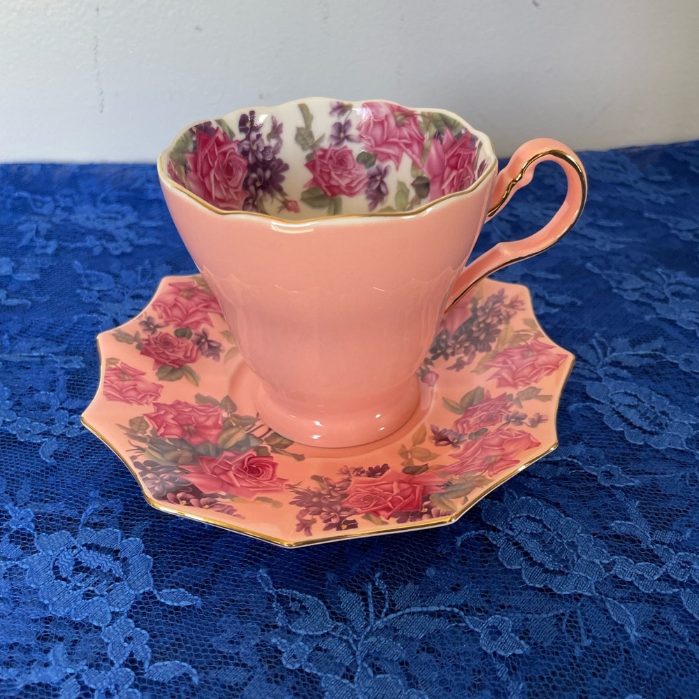 NWOT Meritage Floral Coral- Pink Teacup and Saucer Set - Picture 5 of 7
